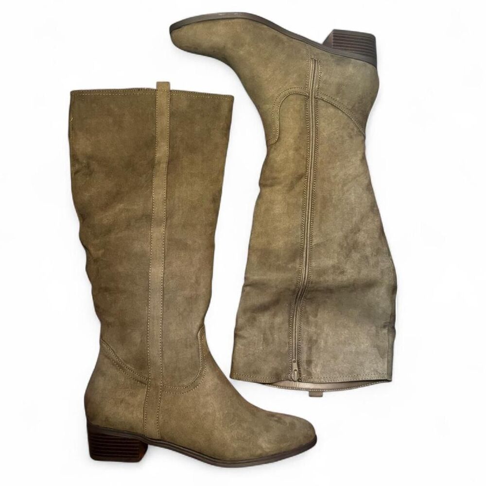 JustFab Olive Green Tall Riding Boots Women’s Size 10 Faux Leather Knee High Zip